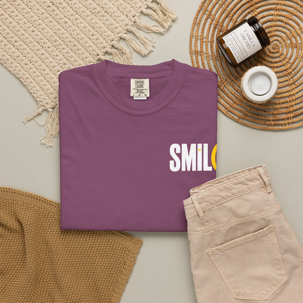 SMIL(: IT’S FREE. White & Yellow Front-and-Back Garment-Dyed Tee