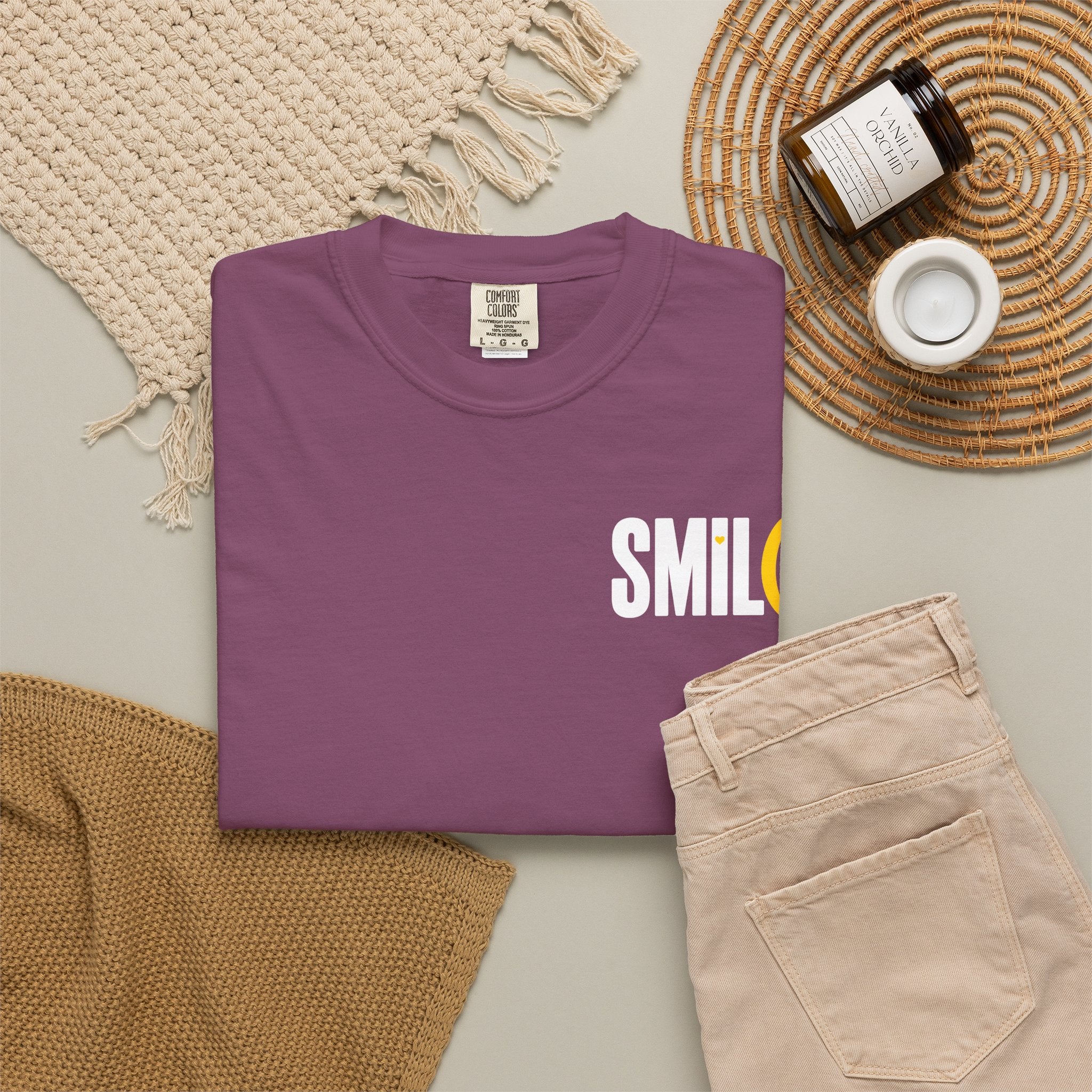 SMIL(: IT’S FREE. White & Yellow Front-and-Back Garment-Dyed Tee