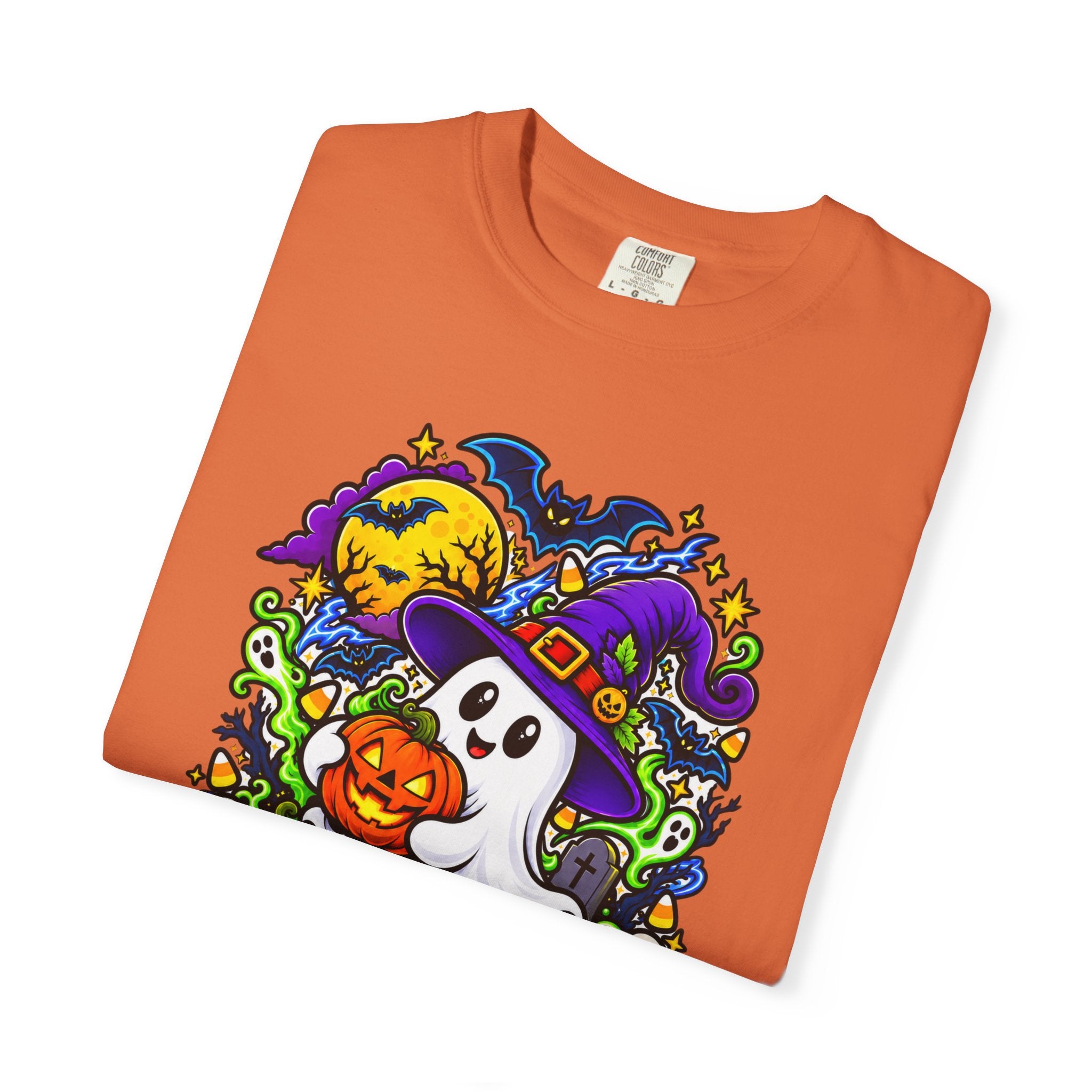 Unisex Halloween Ghost & Pumpkin Tee | Vibrant Spooky Adult Shirt