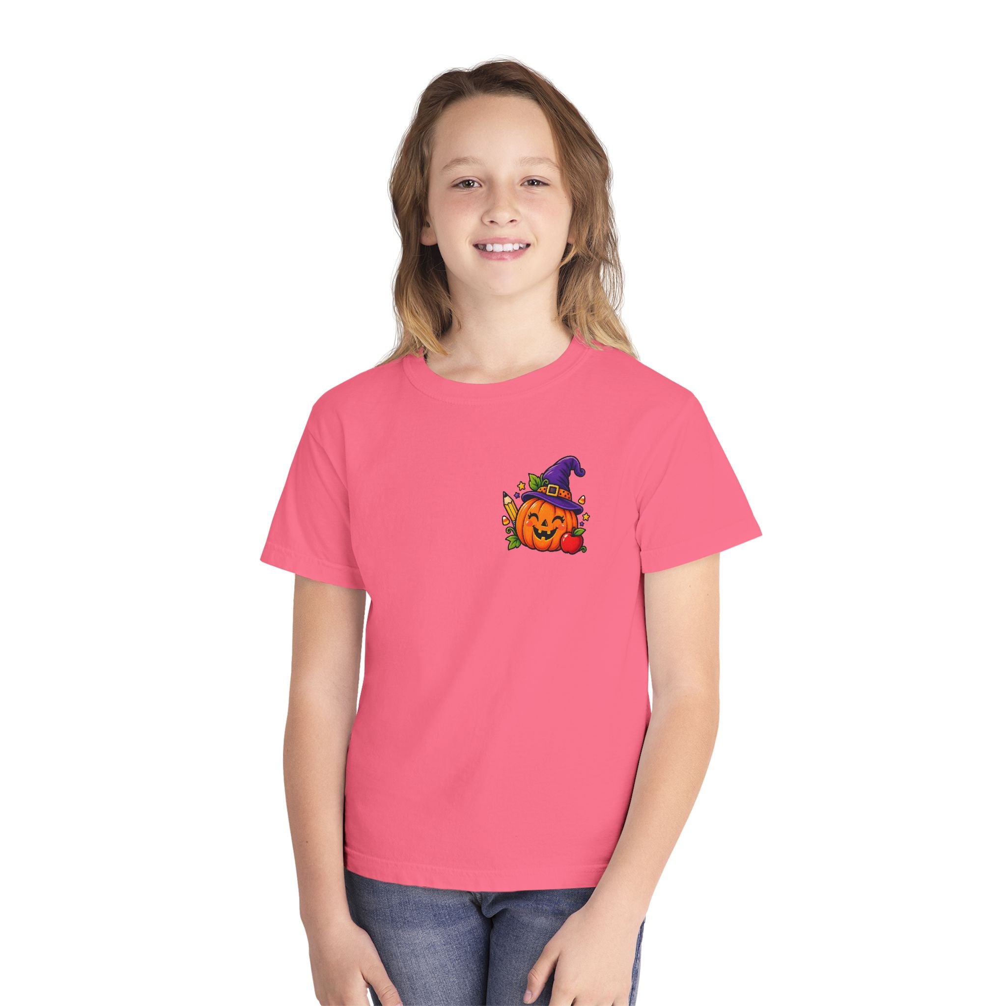 Kids Halloween Pumpkin Witch Hat Tee — Cute Jack-O'-Lantern with Apple & Pencils