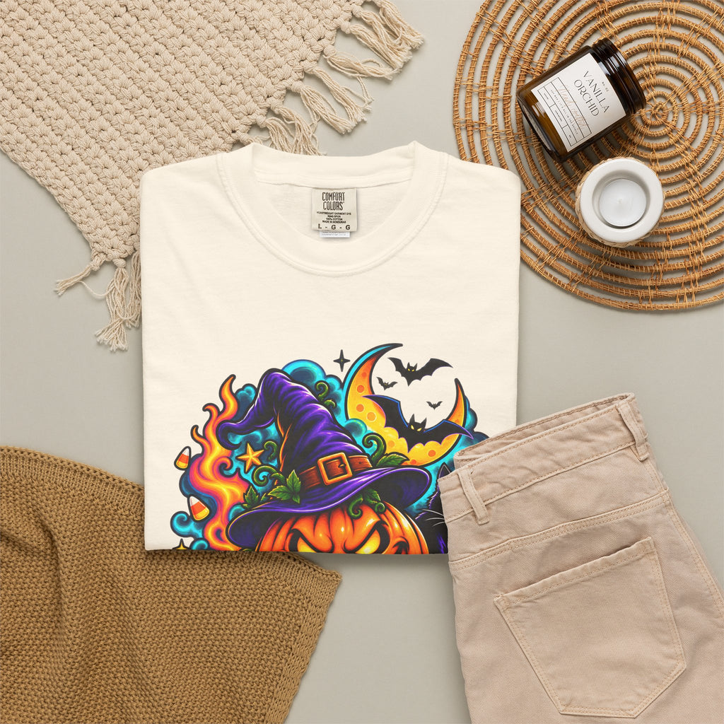 Unisex Halloween Pumpkin & Black Cat T-Shirt | Colorful Spooky Adult Tee