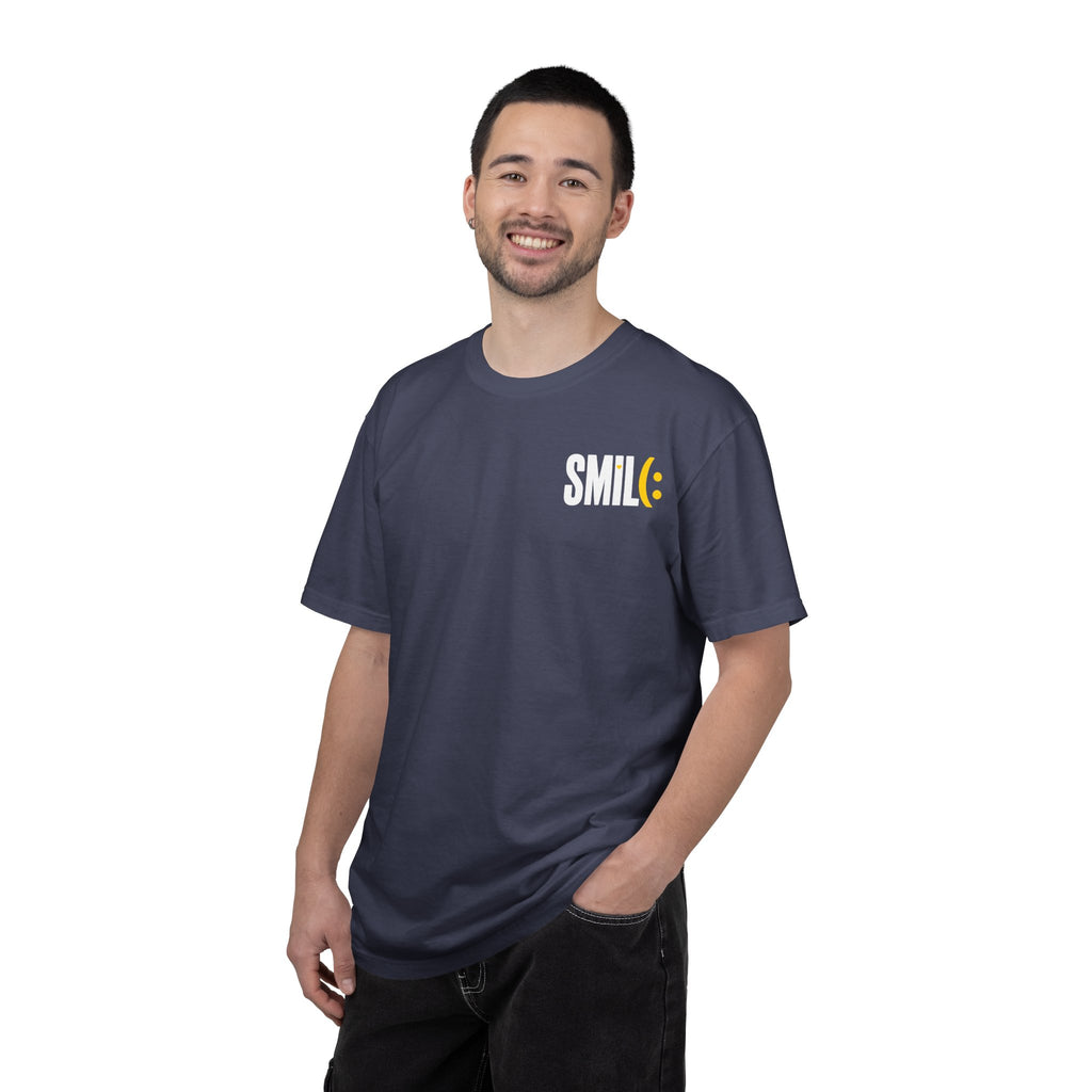 SMIL(: IT’S FREE. White & Yellow Front-and-Back Garment-Dyed Tee