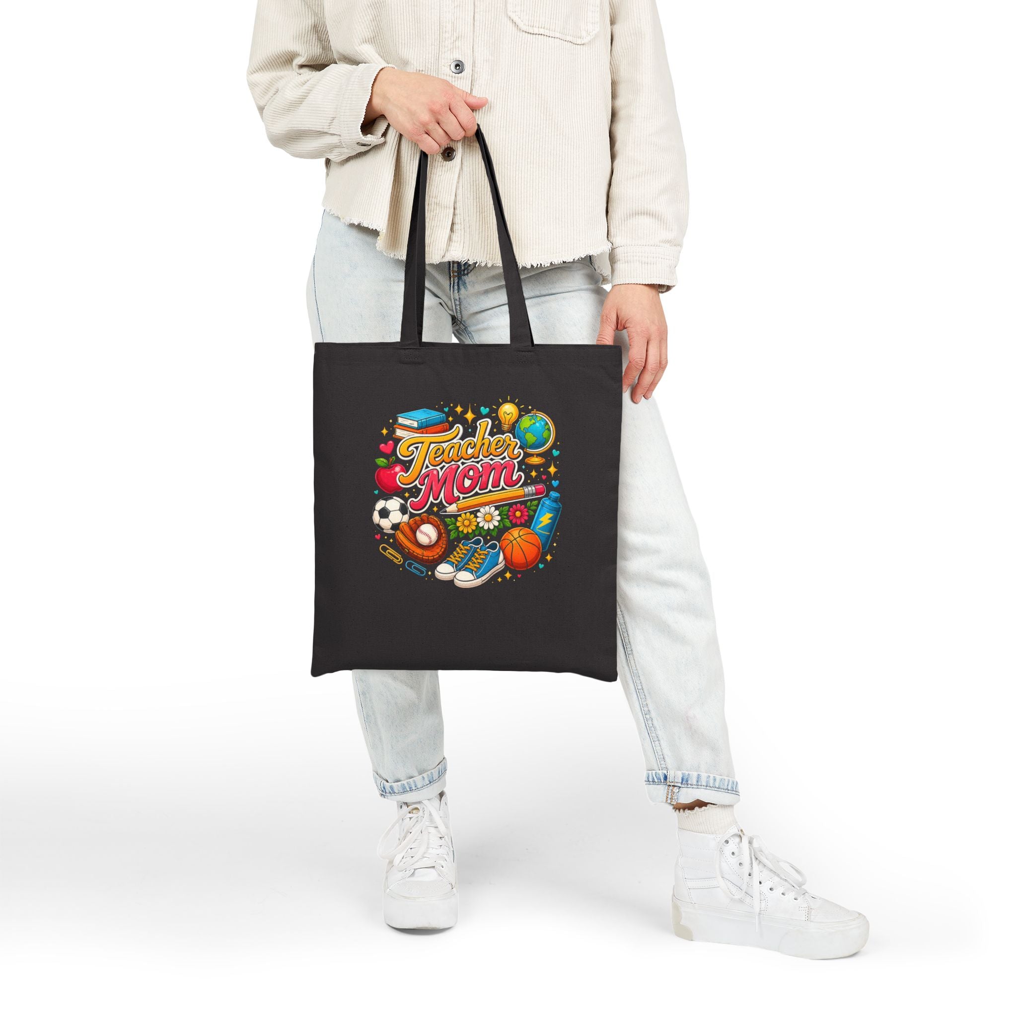 Teacher Mom Canvas Tote Bag with School Icons (Apple, Books, Sports)