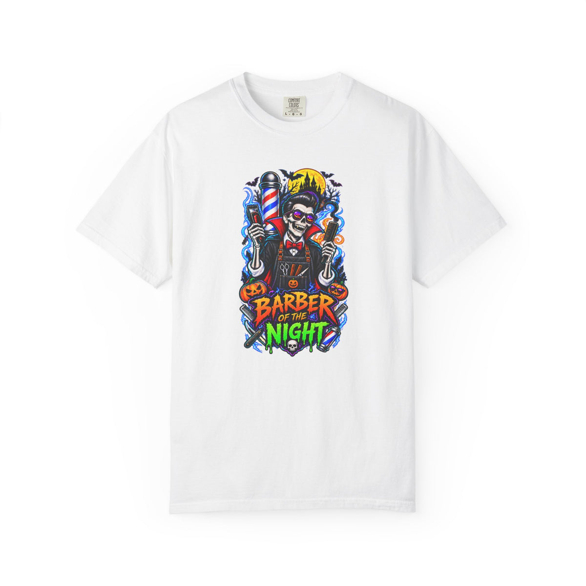 Barber of the Night Halloween Tee – Adult Unisex Barbershop Shirt