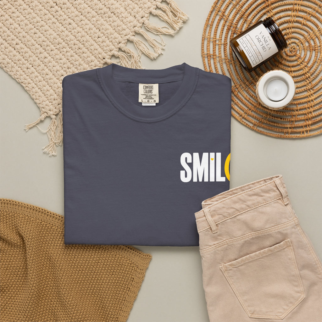 SMIL(: IT’S FREE. White & Yellow Front-and-Back Garment-Dyed Tee