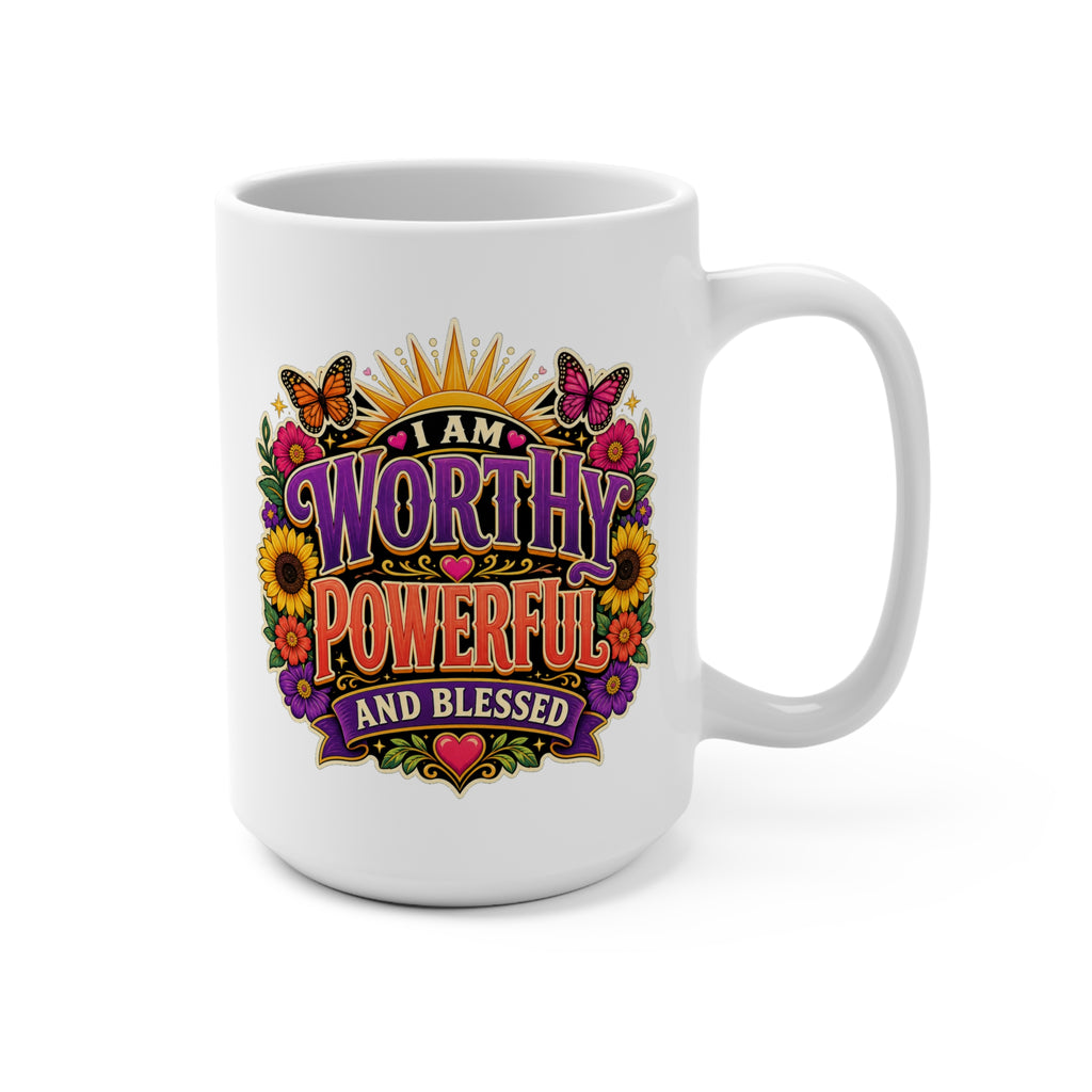 I Am Worthy Powerful and Blessed Mug - Inspirational Coffee Cup - Affirmation Gift for Women, Self Love, Confidence and Encouragement