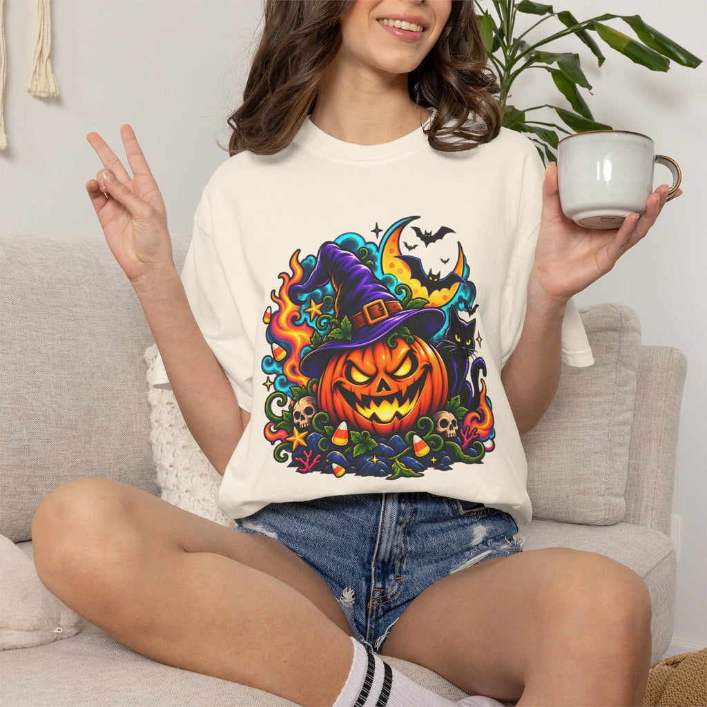 Unisex Halloween Pumpkin & Black Cat T-Shirt | Colorful Spooky Adult Tee