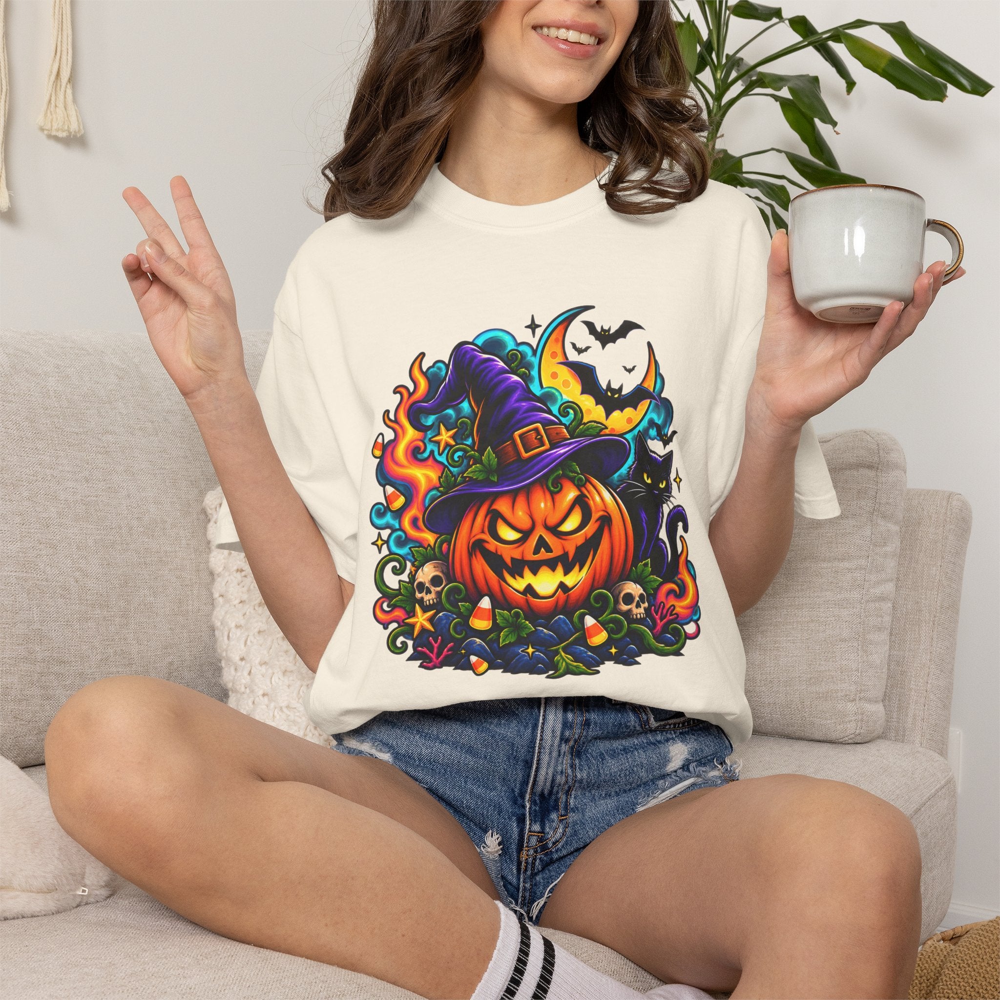 Unisex Halloween Pumpkin & Black Cat T-Shirt | Colorful Spooky Adult Tee