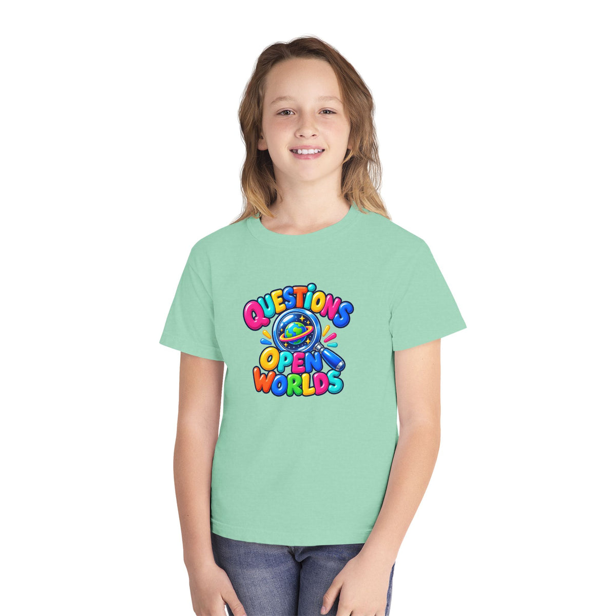 🌍 Questions Open Worlds Colorful Space Graphic Youth Tee