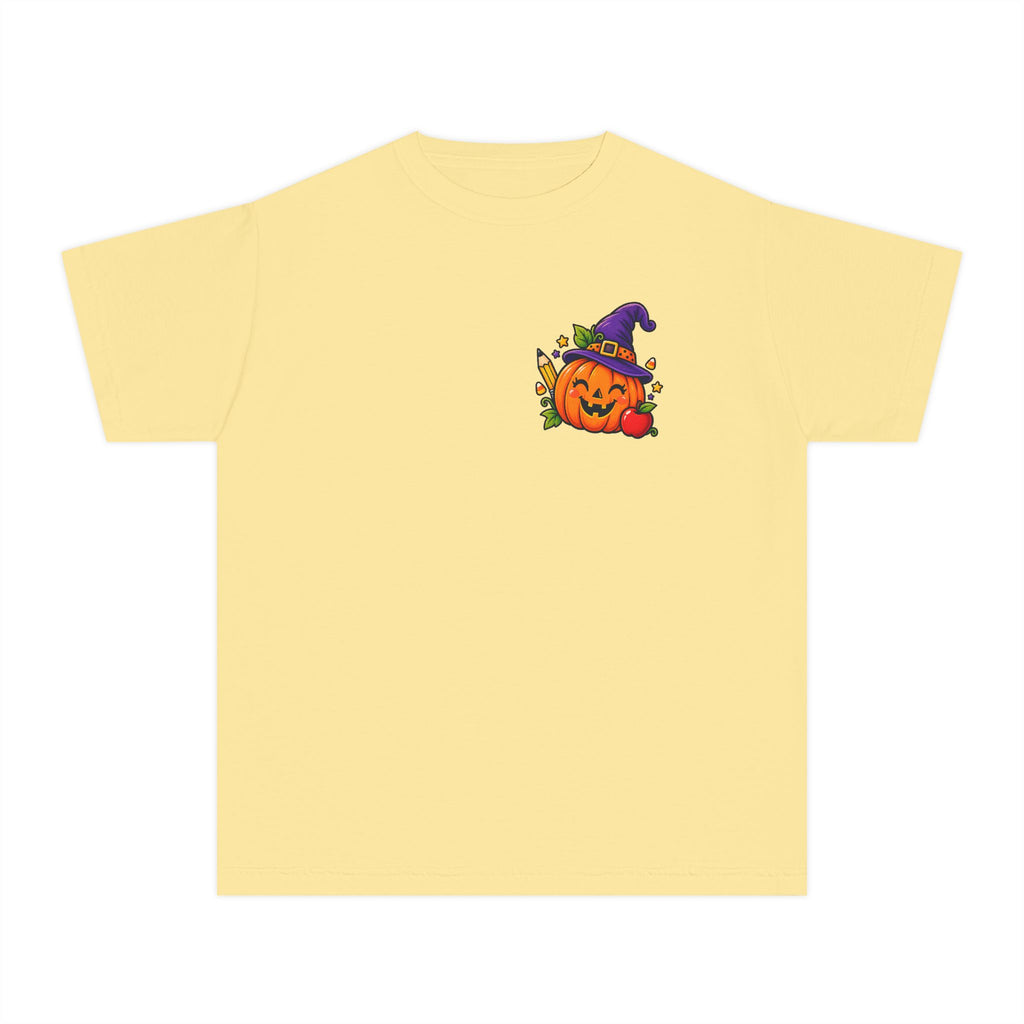 Kids Halloween Pumpkin Witch Hat Tee — Cute Jack-O'-Lantern with Apple & Pencils