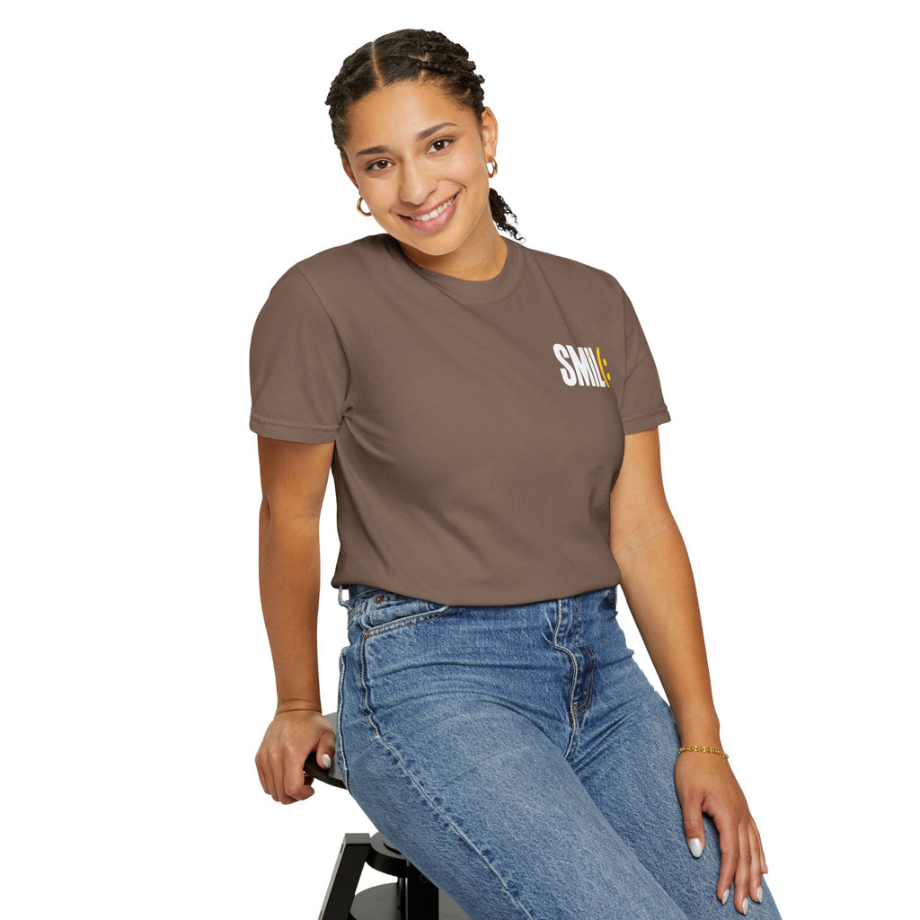 SMIL(: IT’S FREE. White & Yellow Front-and-Back Garment-Dyed Tee