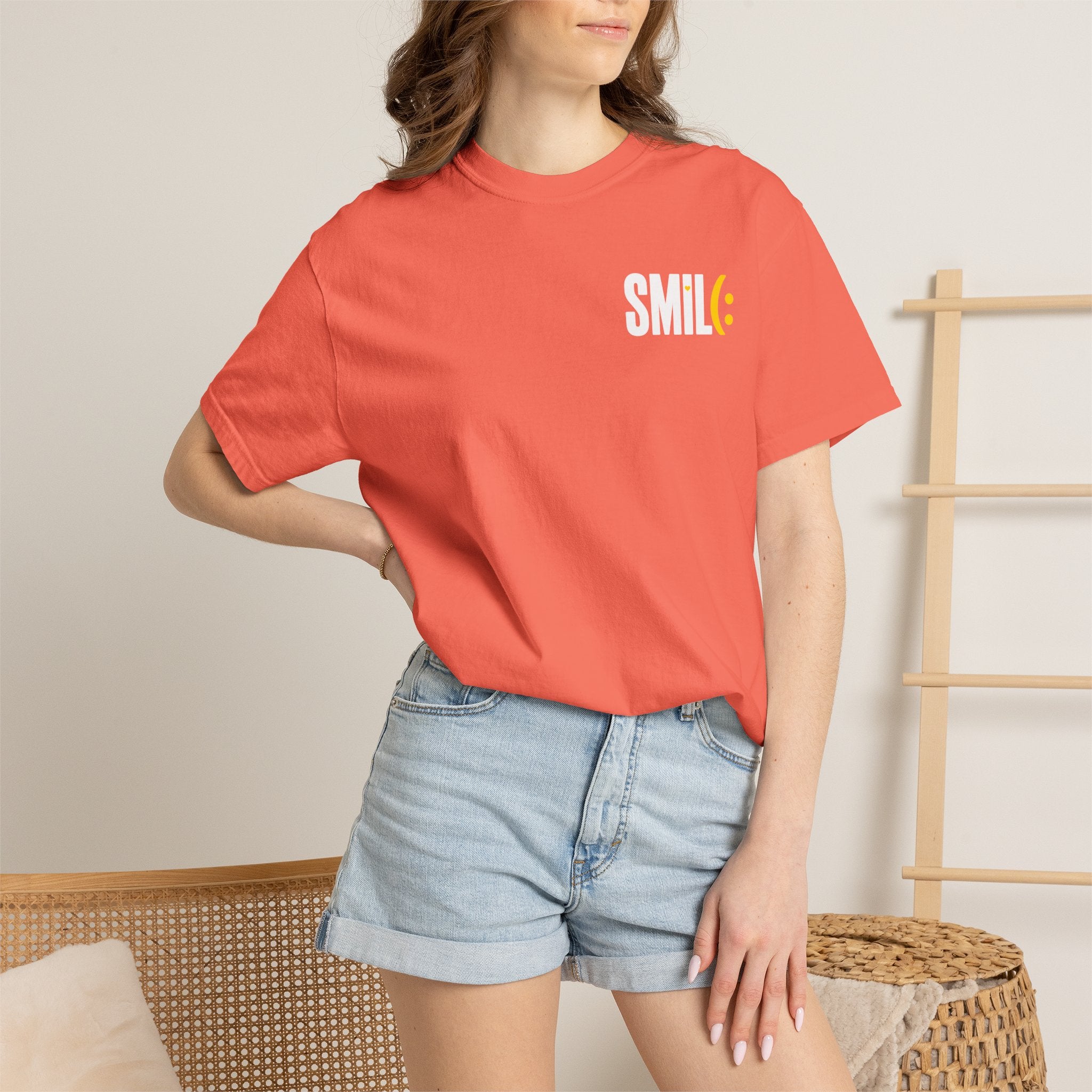 SMIL(: IT’S FREE. White & Yellow Front-and-Back Garment-Dyed Tee