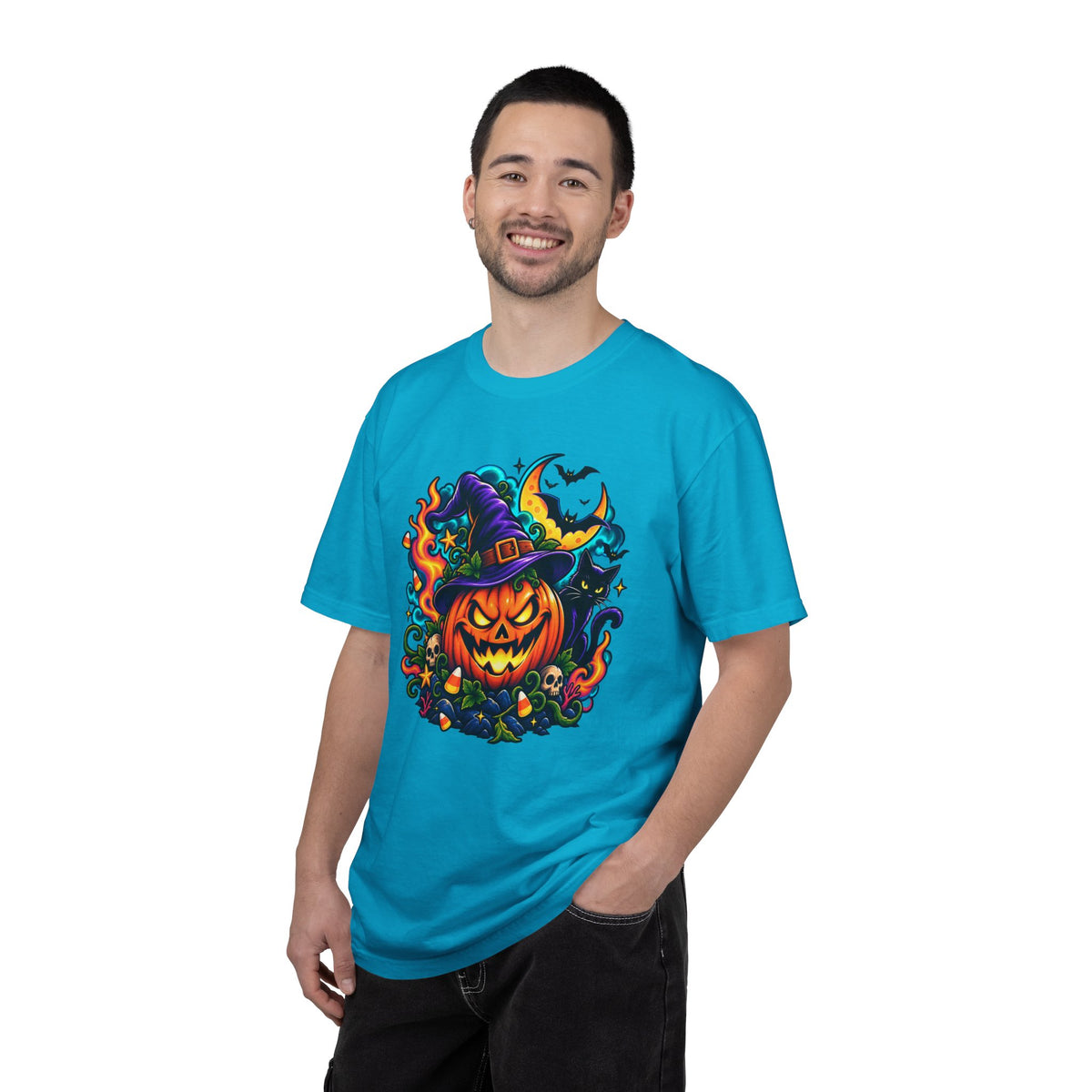 Unisex Halloween Pumpkin & Black Cat T-Shirt | Colorful Spooky Adult Tee