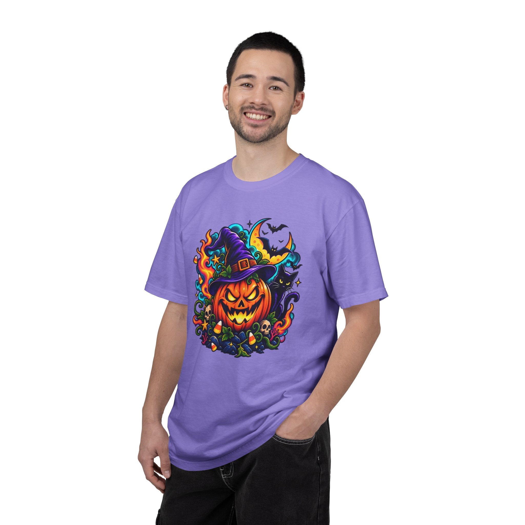 Unisex Halloween Pumpkin & Black Cat T-Shirt | Colorful Spooky Adult Tee