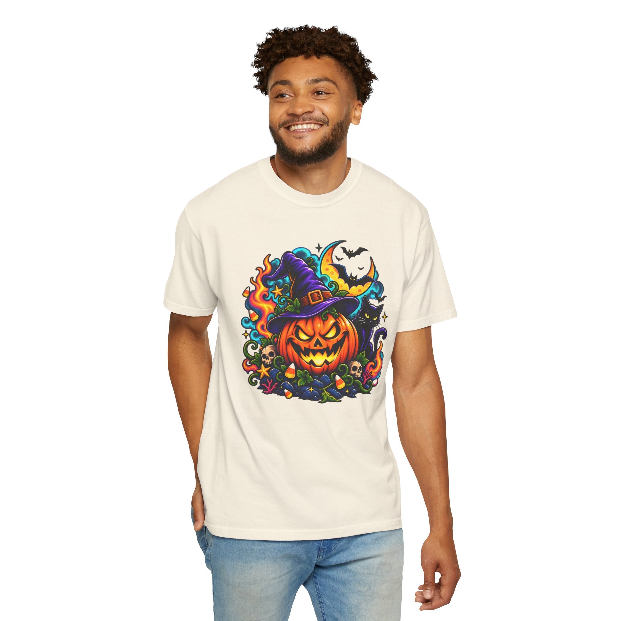 Unisex Halloween Pumpkin & Black Cat T-Shirt | Colorful Spooky Adult Tee