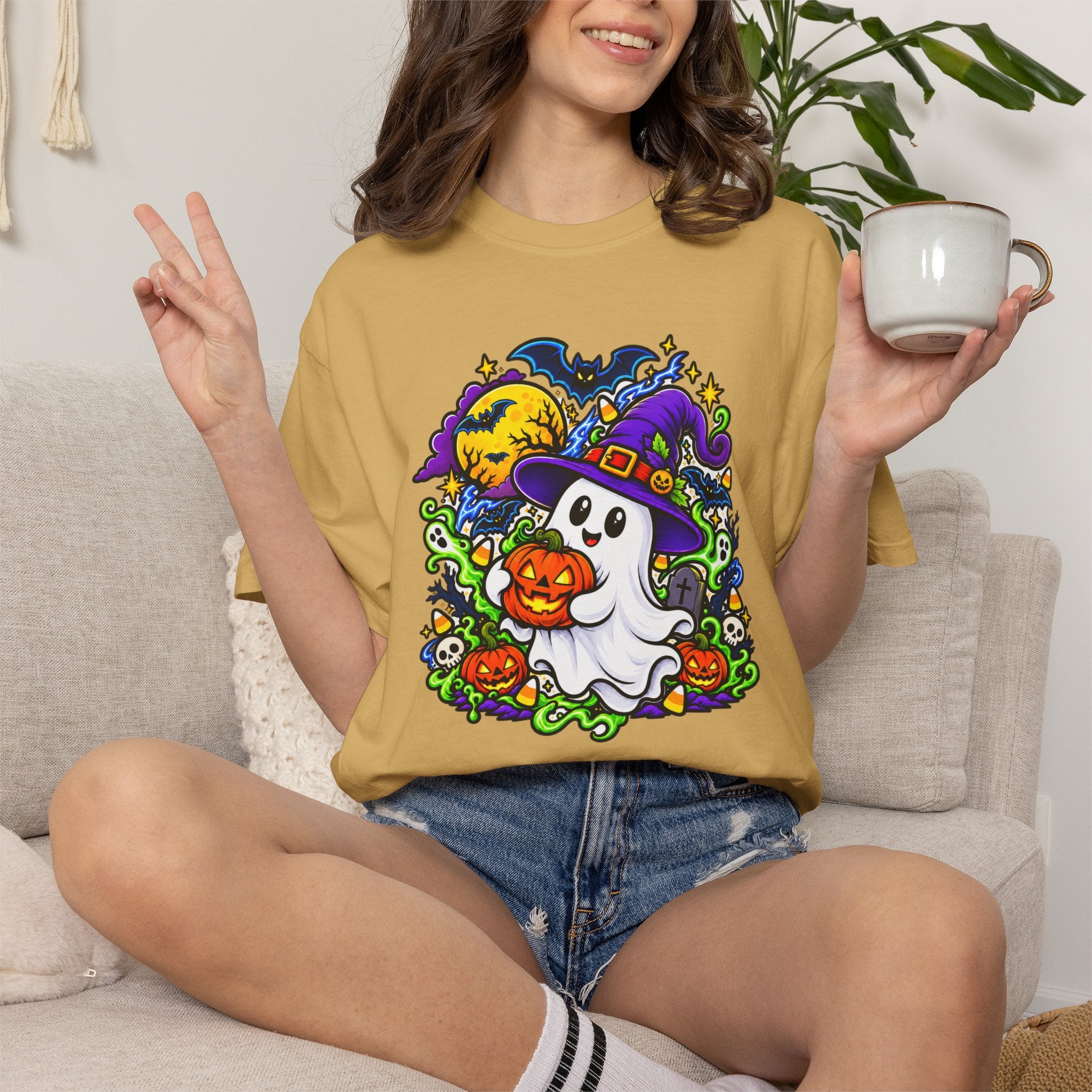 Unisex Halloween Ghost & Pumpkin Tee | Vibrant Spooky Adult Shirt