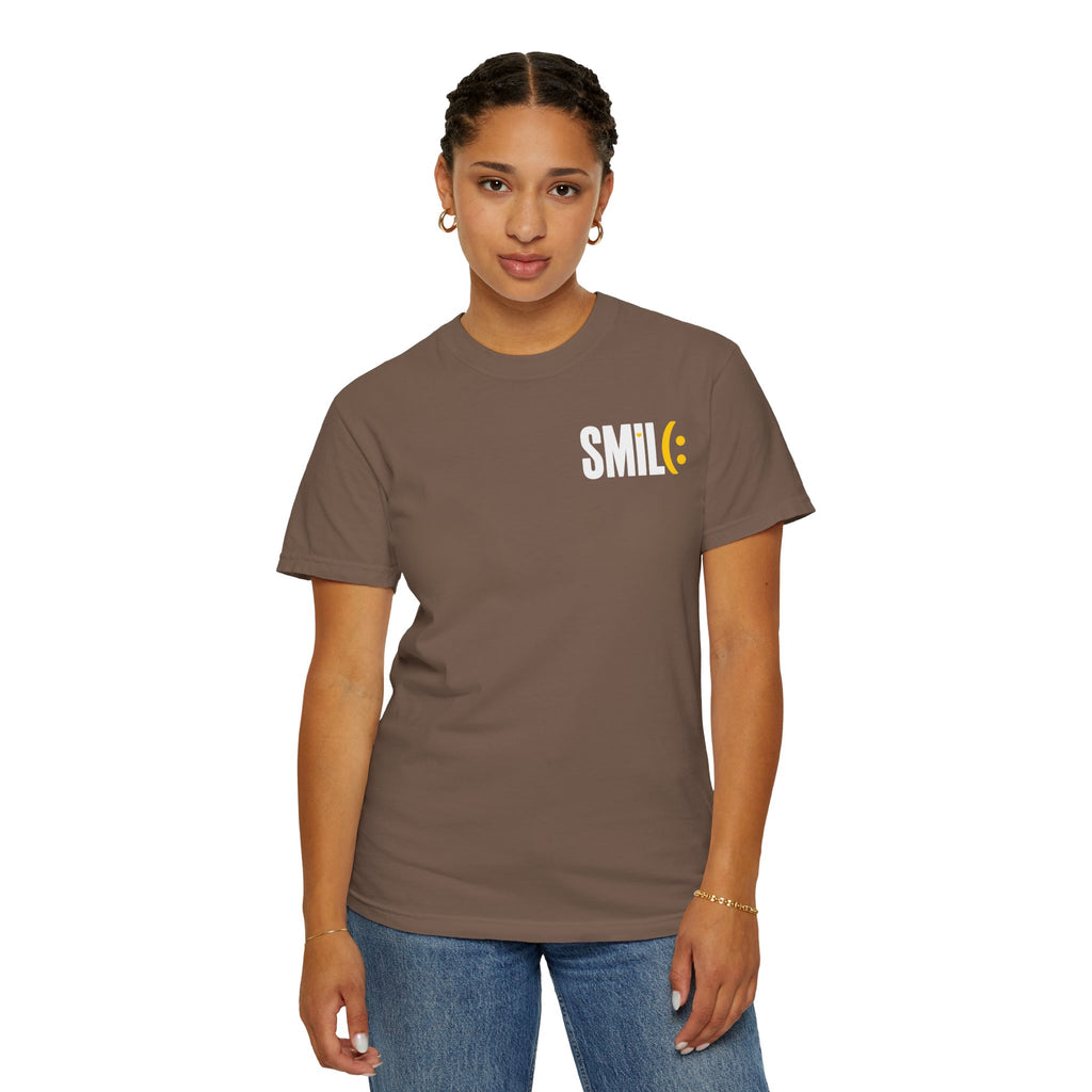 SMIL(: IT’S FREE. White & Yellow Front-and-Back Garment-Dyed Tee