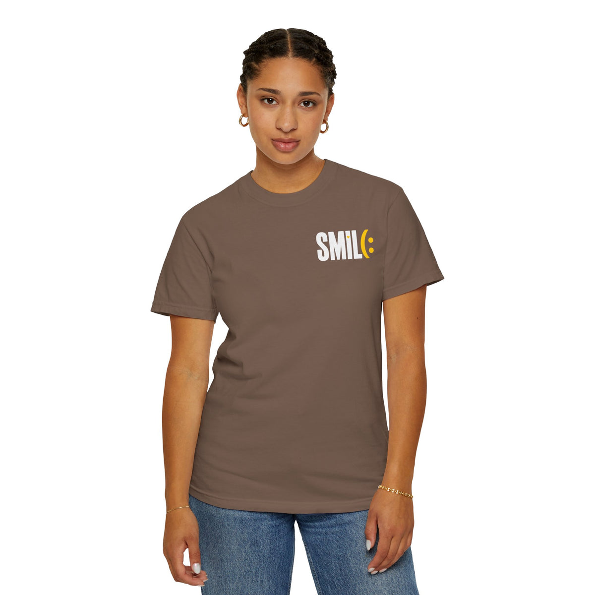SMIL(: IT’S FREE. White & Yellow Front-and-Back Garment-Dyed Tee