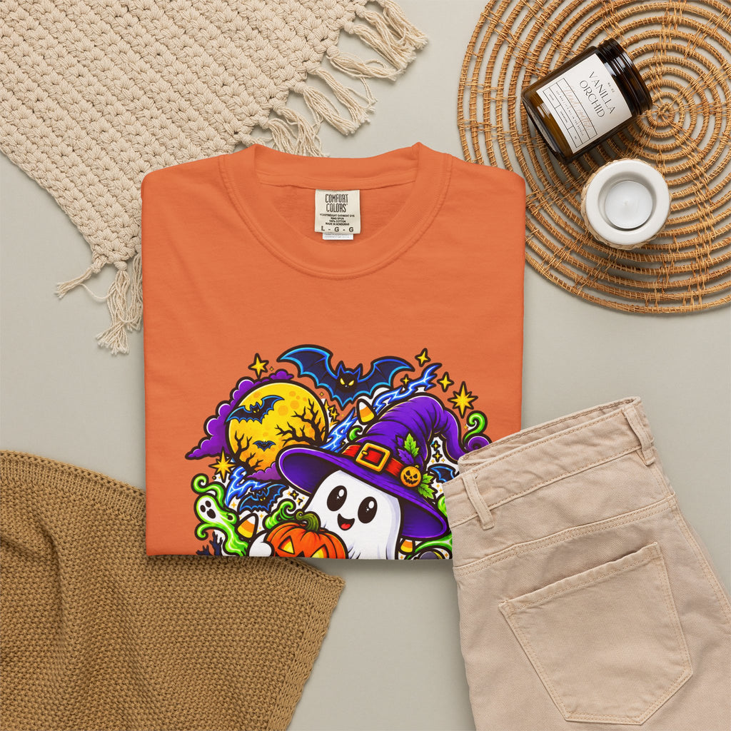 Unisex Halloween Ghost & Pumpkin Tee | Vibrant Spooky Adult Shirt