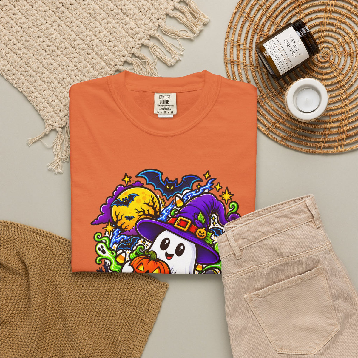 Unisex Halloween Ghost & Pumpkin Tee | Vibrant Spooky Adult Shirt
