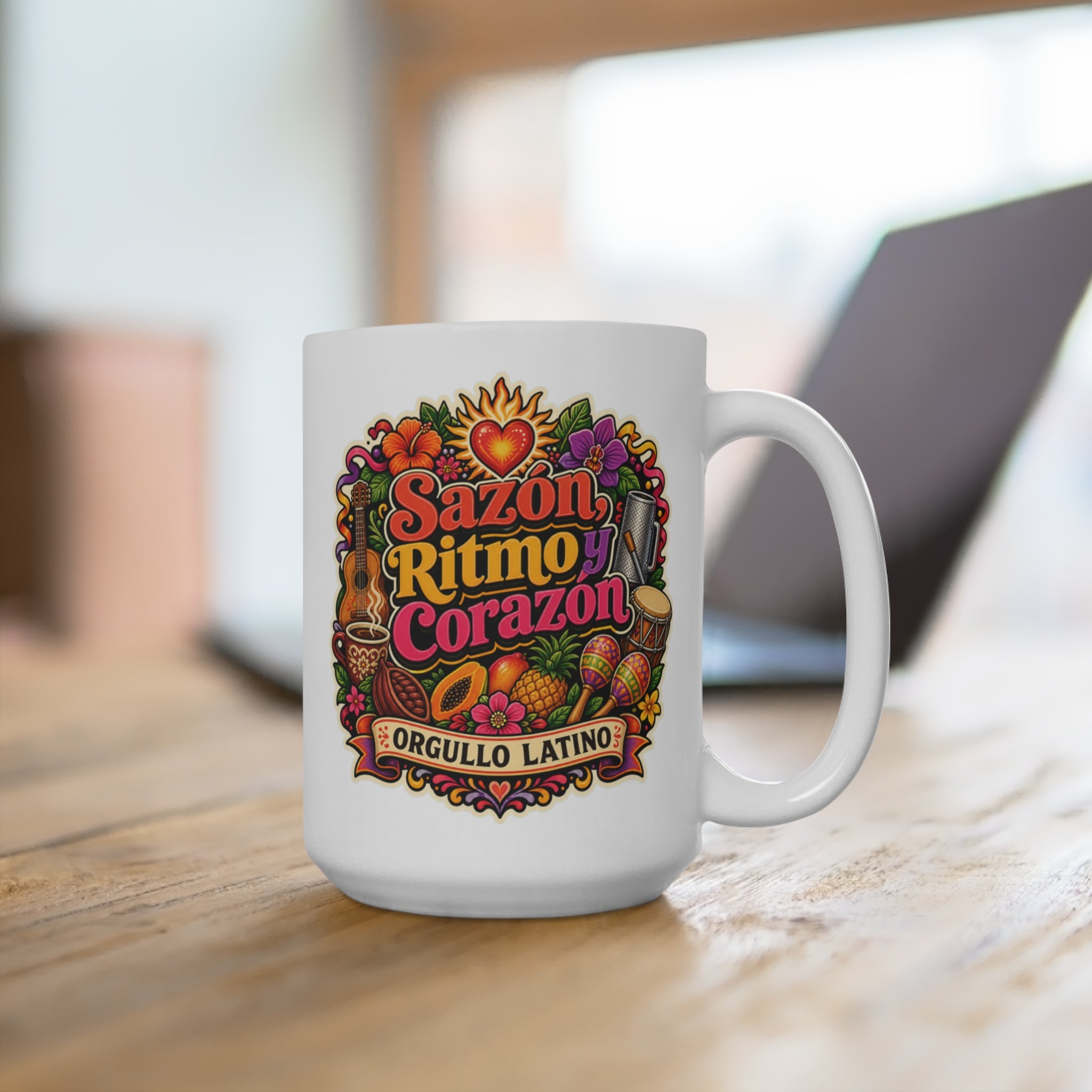 Sazón Ritmo y Corazón Mug - Orgullo Latino Coffee Cup - Colorful Hispanic Heritage Gift for Latino Families, Music Lovers and Foodies