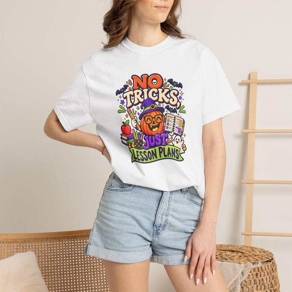 Halloween Teacher T-Shirt - "No Tricks, Just Lesson Plans"