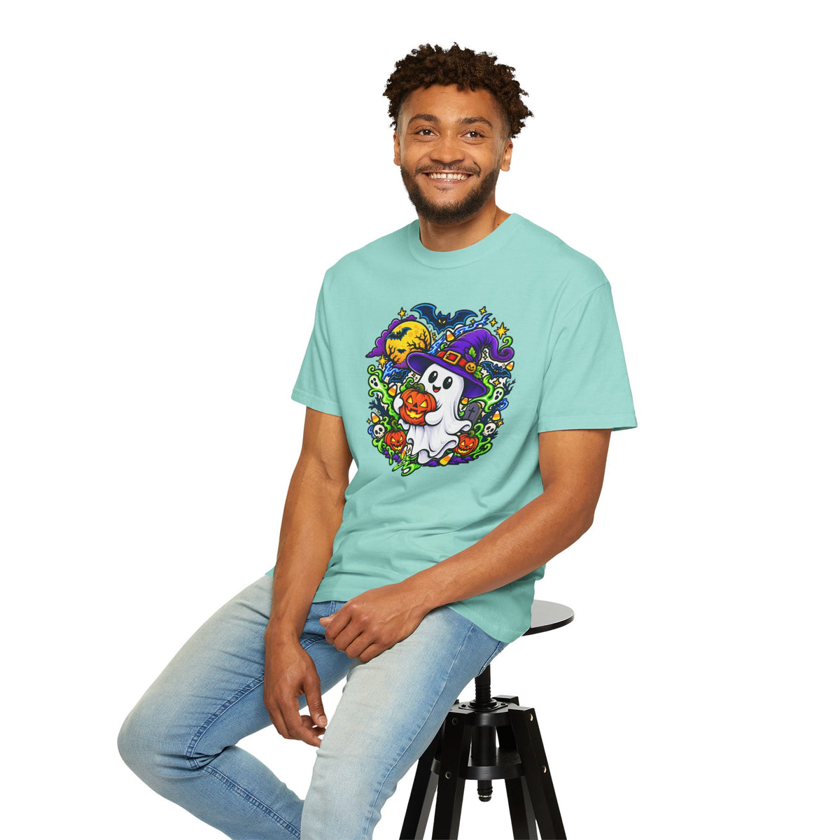 Unisex Halloween Ghost & Pumpkin Tee | Vibrant Spooky Adult Shirt