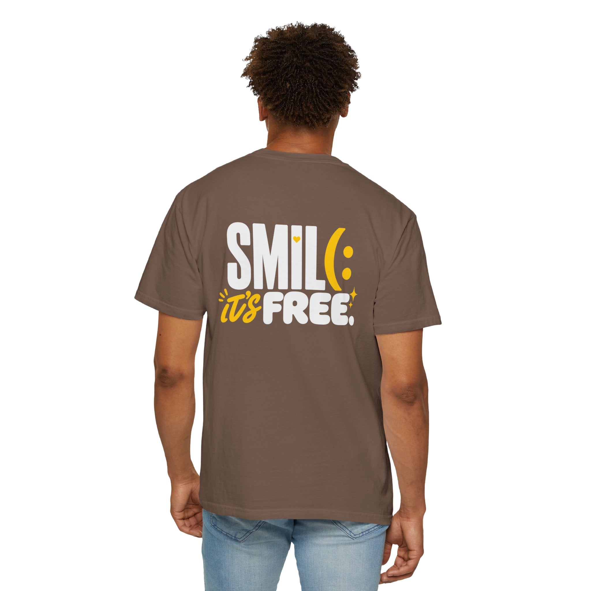 SMIL(: IT’S FREE. White & Yellow Front-and-Back Garment-Dyed Tee
