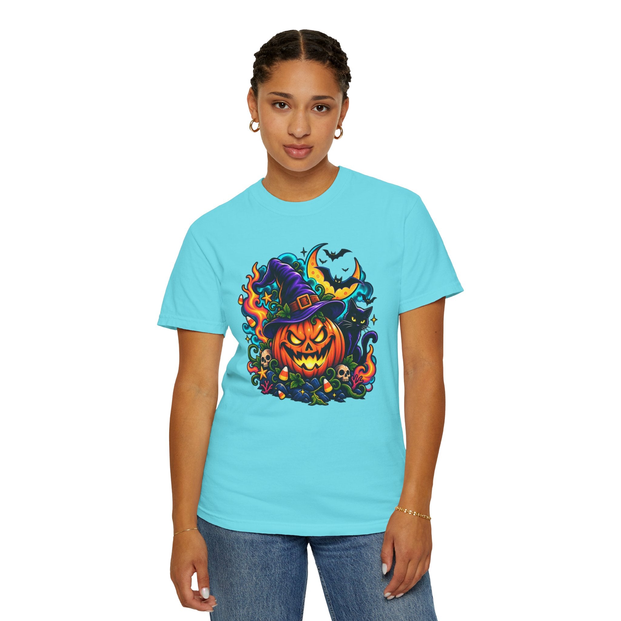 Unisex Halloween Pumpkin & Black Cat T-Shirt | Colorful Spooky Adult Tee