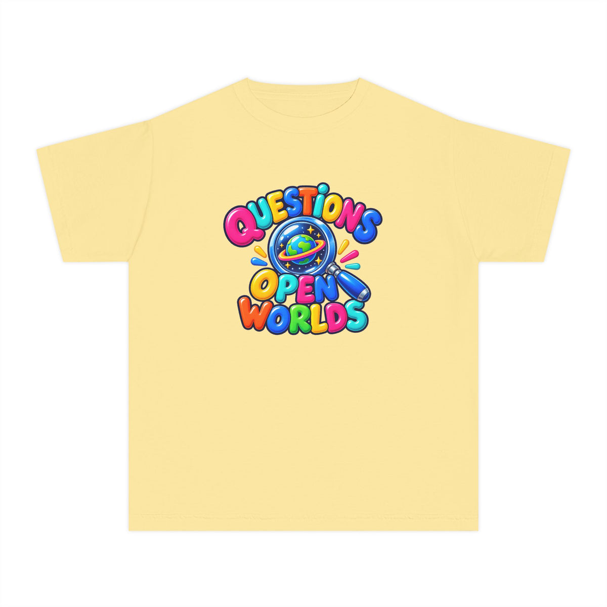 🌍 Questions Open Worlds Colorful Space Graphic Youth Tee
