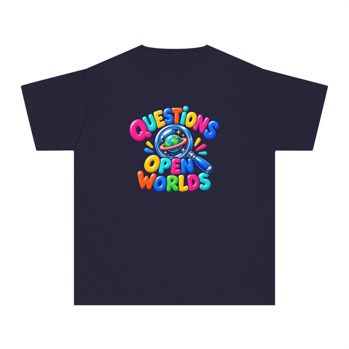 🌍 Questions Open Worlds Colorful Space Graphic Youth Tee