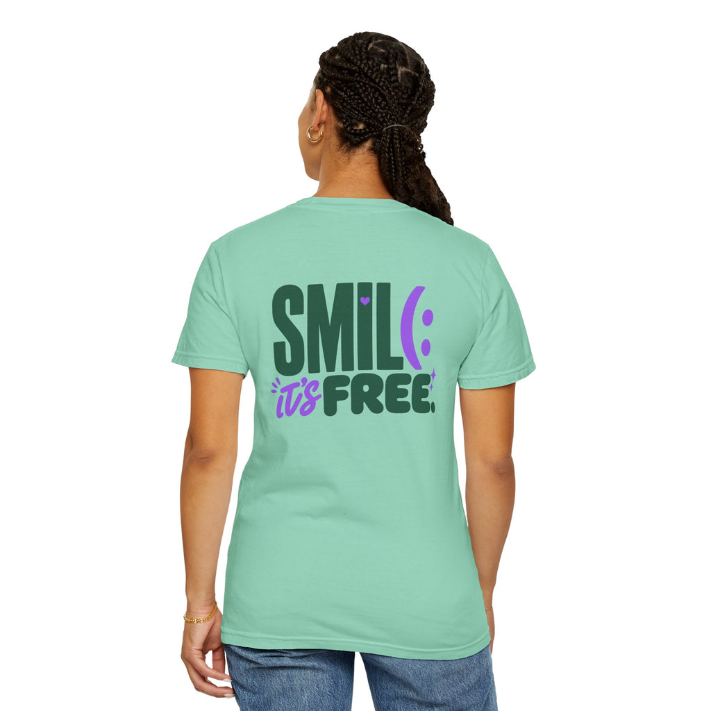SMIL(: IT’S FREE. Green & Purple Front-and-Back Garment-Dyed Tee