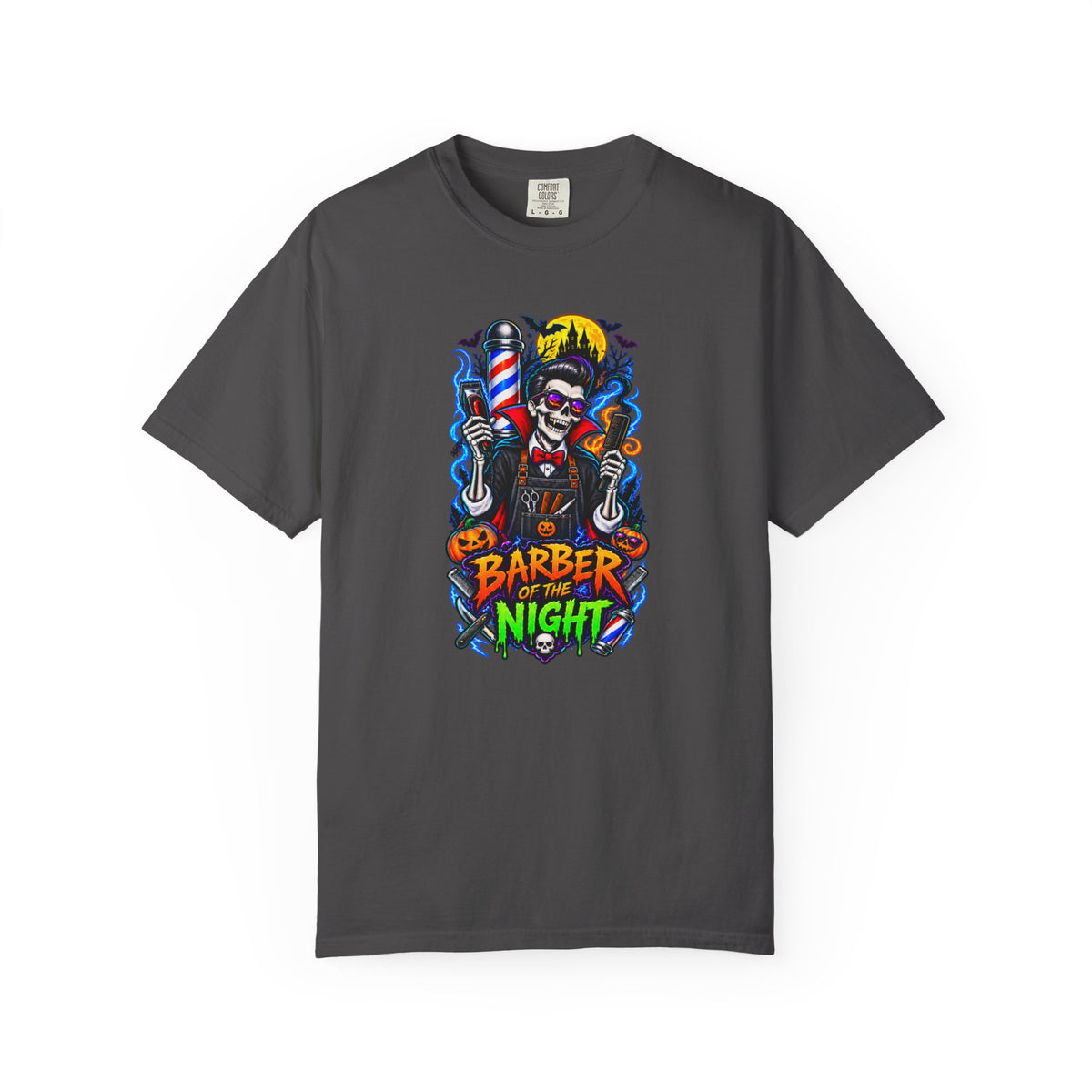 Barber of the Night Halloween Tee – Adult Unisex Barbershop Shirt