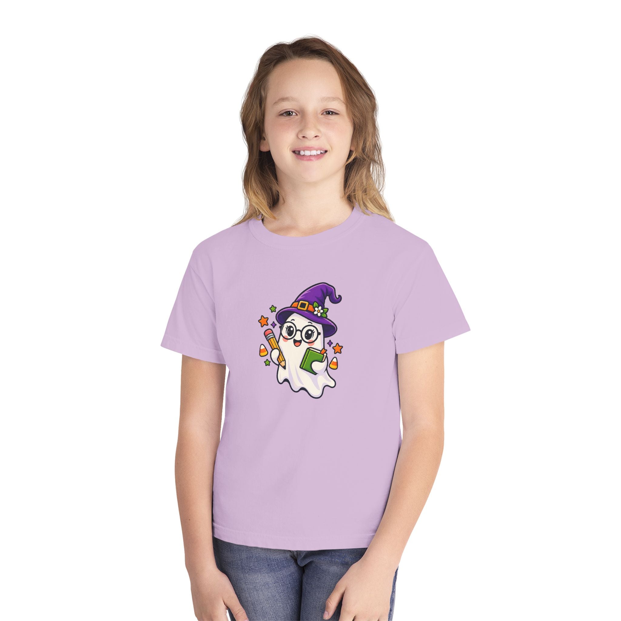 Kids Halloween Ghost Tee — Cute Witch Hat Ghost with Candy Corn & Trick-or-Treat Book