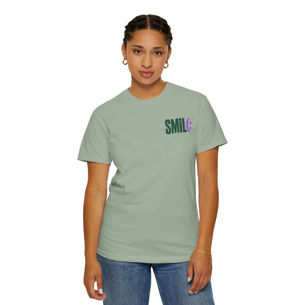 SMIL(: IT’S FREE. Green & Purple Front-and-Back Garment-Dyed Tee