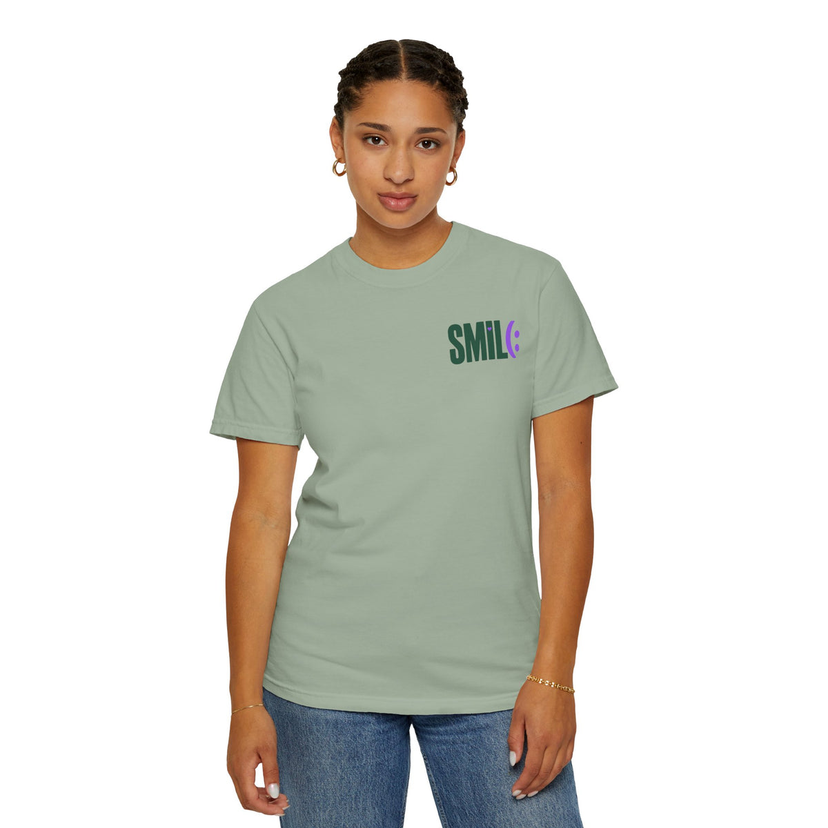 SMIL(: IT’S FREE. Green & Purple Front-and-Back Garment-Dyed Tee