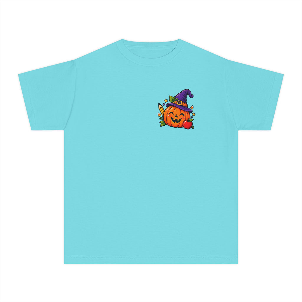 Kids Halloween Pumpkin Witch Hat Tee — Cute Jack-O'-Lantern with Apple & Pencils