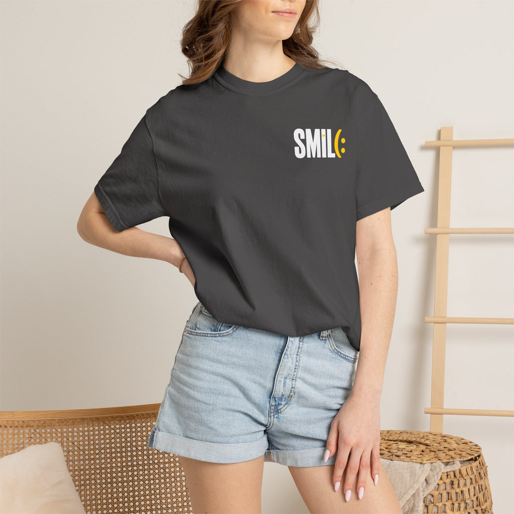 SMIL(: IT’S FREE. White & Yellow Front-and-Back Garment-Dyed Tee