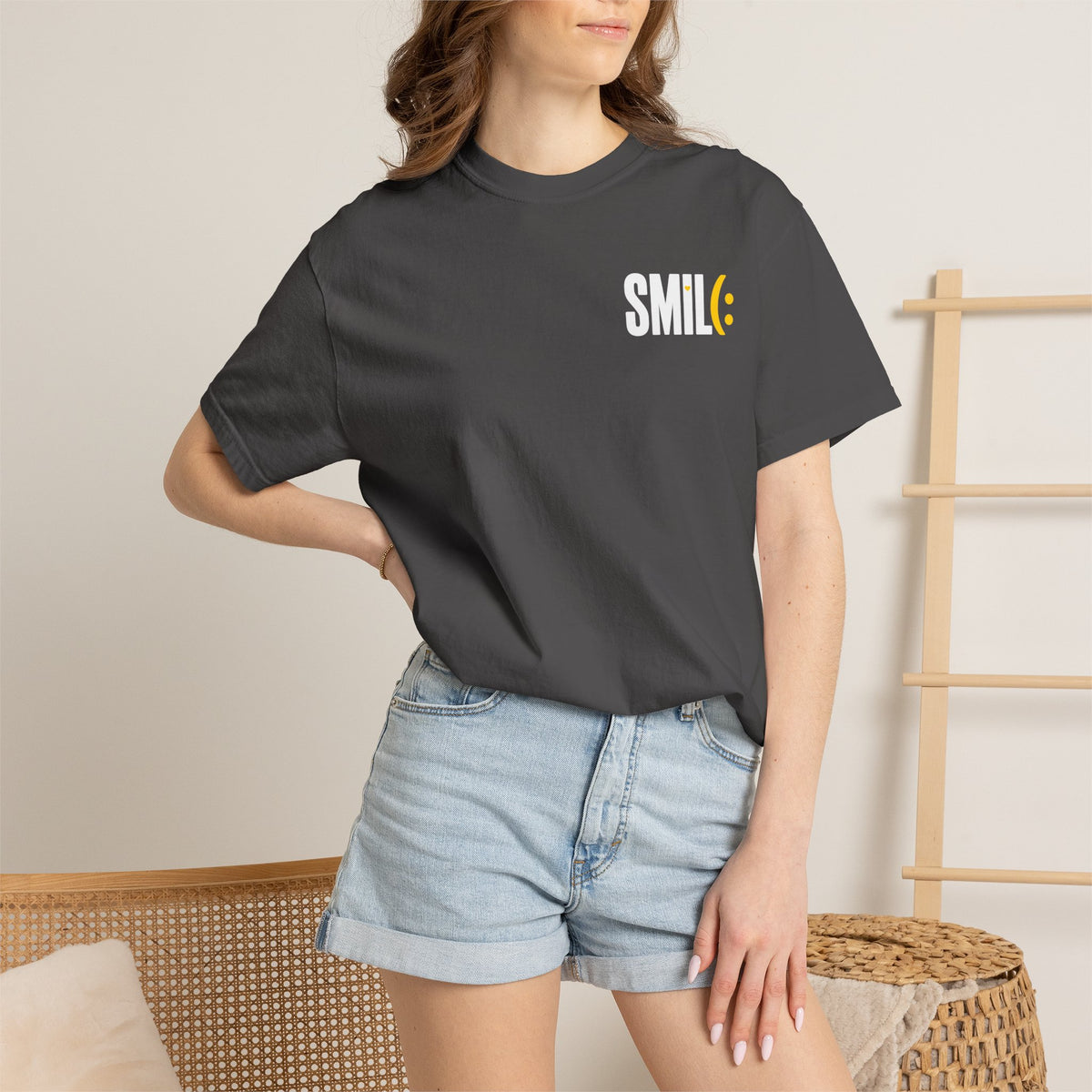 SMIL(: IT’S FREE. White & Yellow Front-and-Back Garment-Dyed Tee