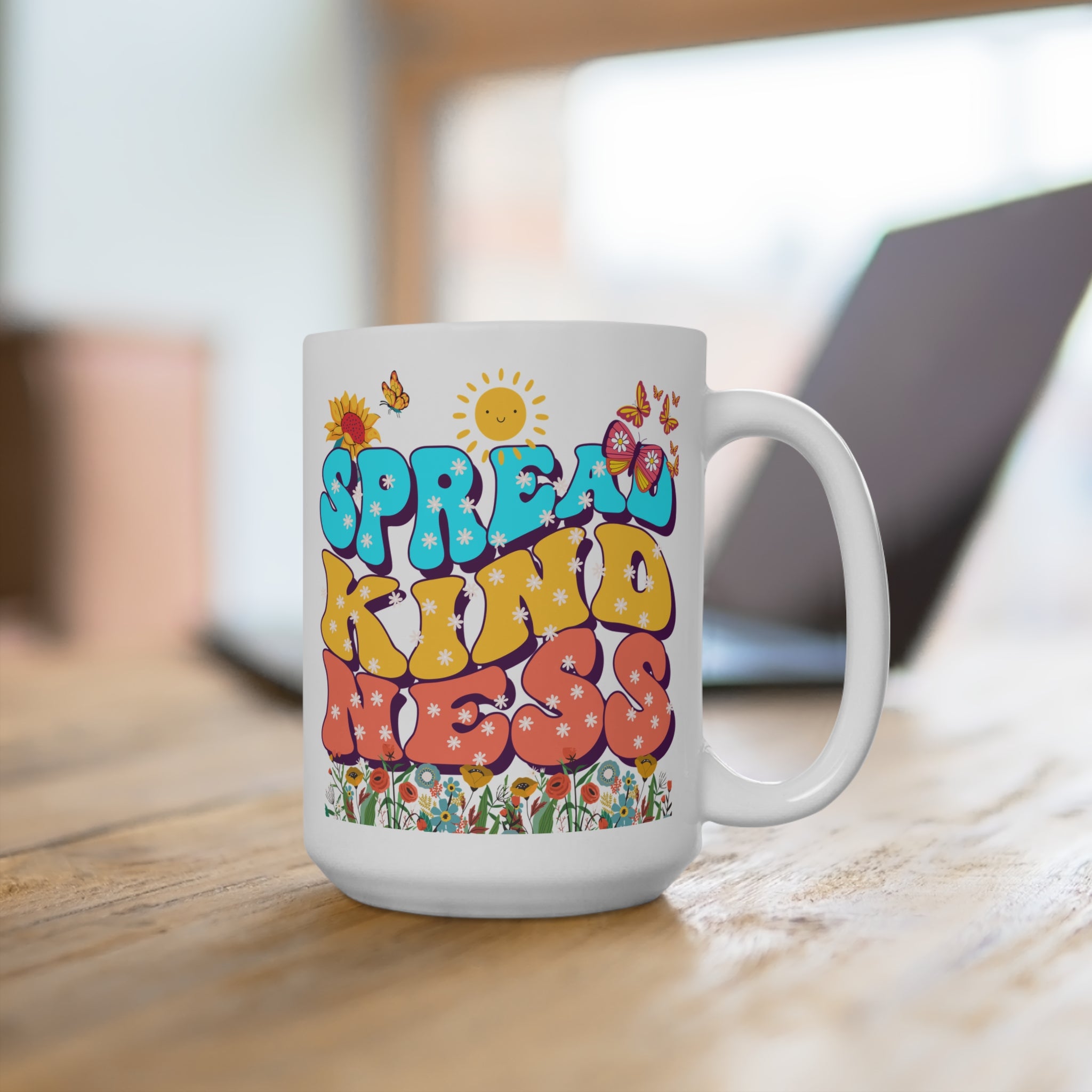 Spread Kindness Floral Mug - Colorful Inspirational Coffee Cup - Positive Gift for Her - Retro Butterfly Mug