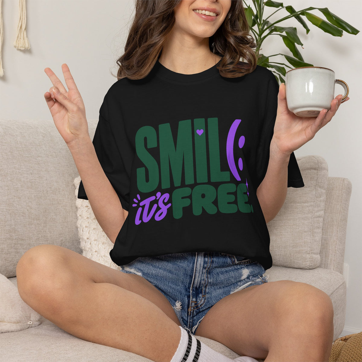 SMIL(: IT’S FREE. Forest Green & Purple Garment-Dyed Graphic Tee