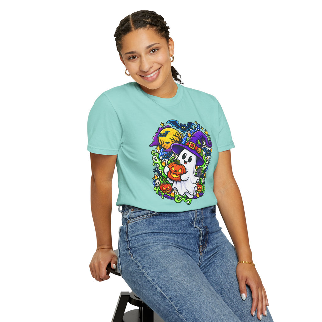 Unisex Halloween Ghost & Pumpkin Tee | Vibrant Spooky Adult Shirt