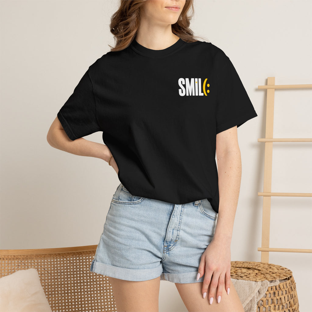 SMIL(: IT’S FREE. White & Yellow Front-and-Back Garment-Dyed Tee