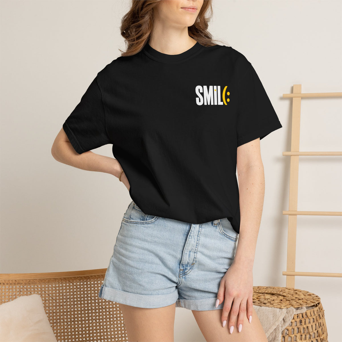 SMIL(: IT’S FREE. White & Yellow Front-and-Back Garment-Dyed Tee