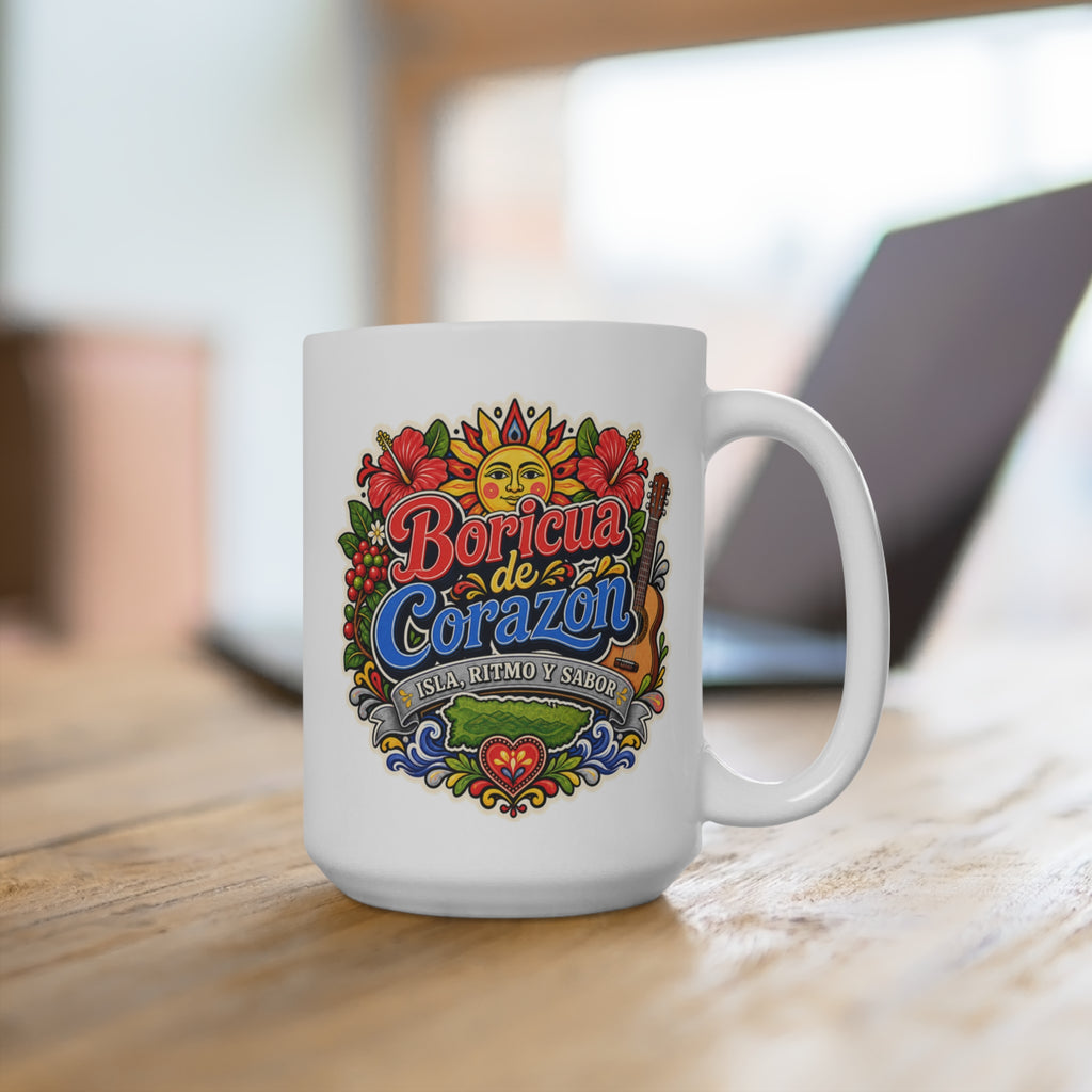 Boricua de Corazón Mug - Isla Ritmo y Sabor Coffee Cup - Puerto Rican Pride Gift for Boricuas, Families and Music Lovers