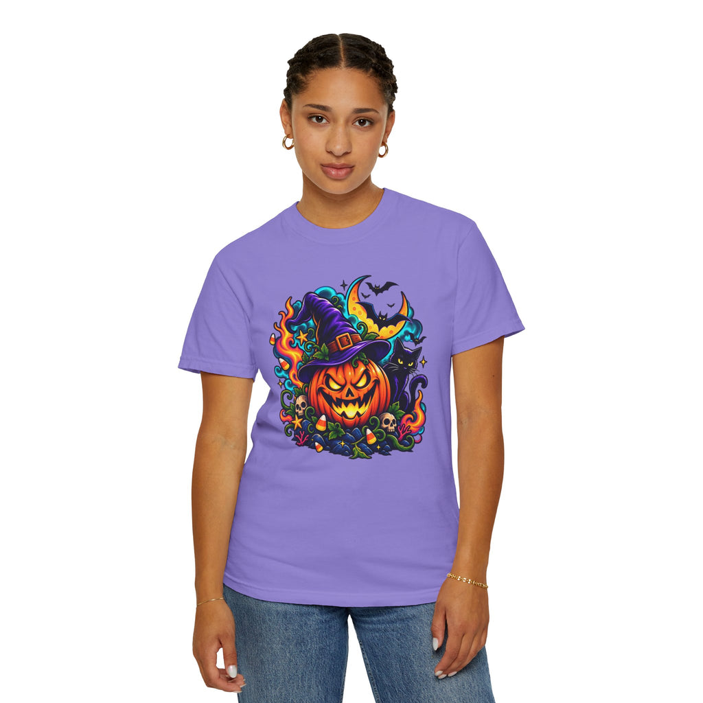 Unisex Halloween Pumpkin & Black Cat T-Shirt | Colorful Spooky Adult Tee