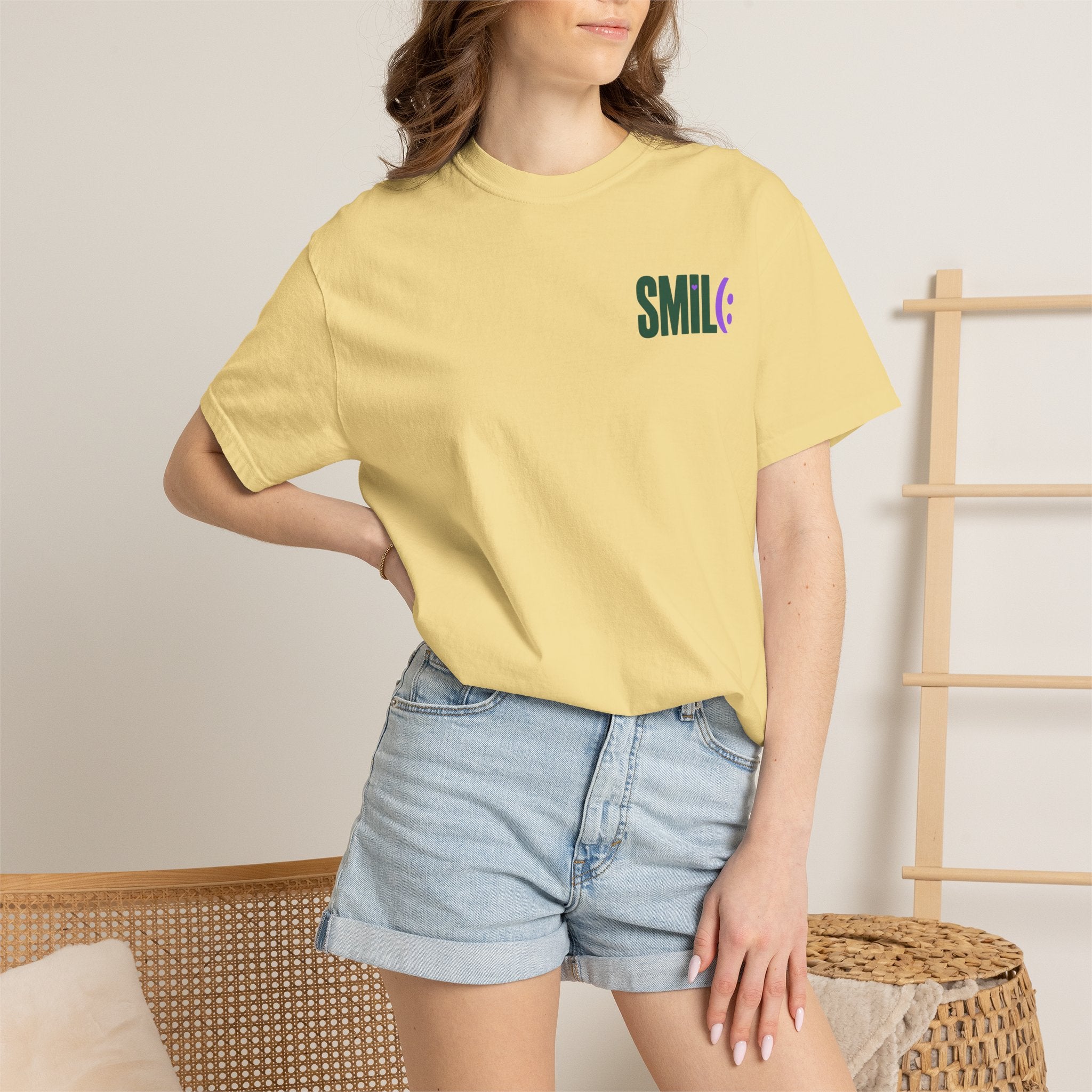 SMIL(: IT’S FREE. Green & Purple Front-and-Back Garment-Dyed Tee