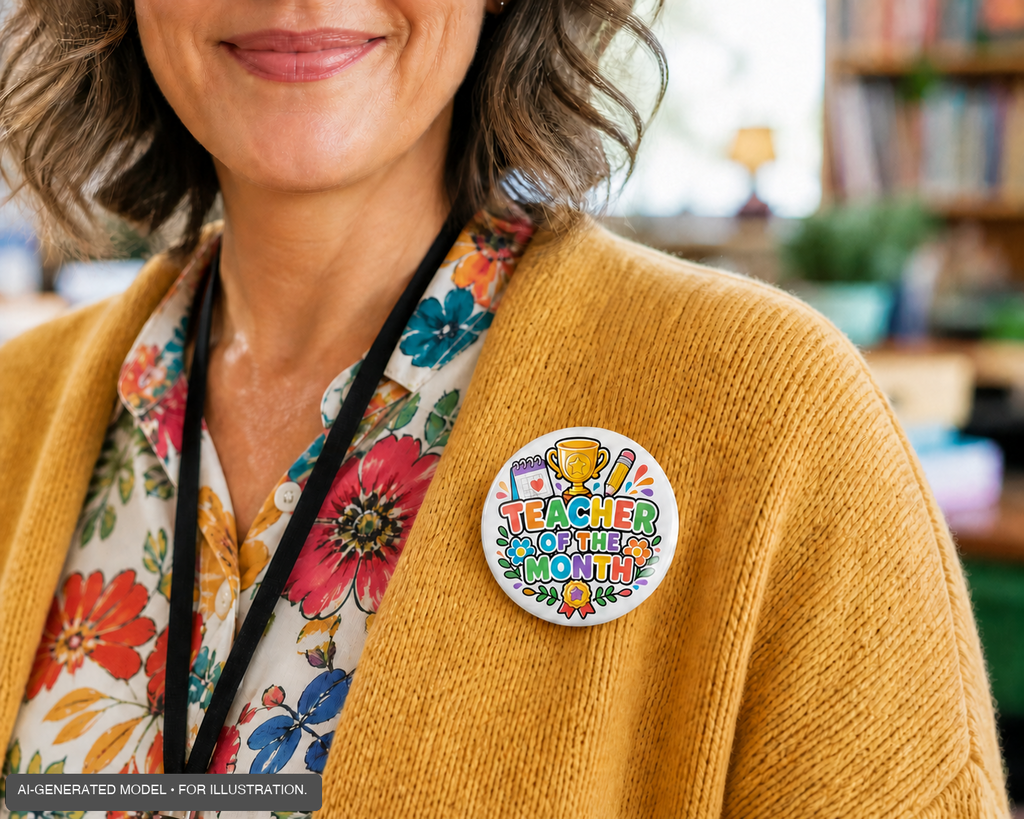 Teacher of the Month Button Pin, Teacher Appreciation Gift, 3 Inch Award Pin