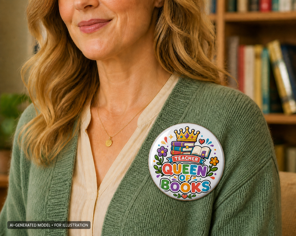 Teacher Queen of Books Button Pin, Book Lover Teacher Gift, 3 Inch Reading Pin