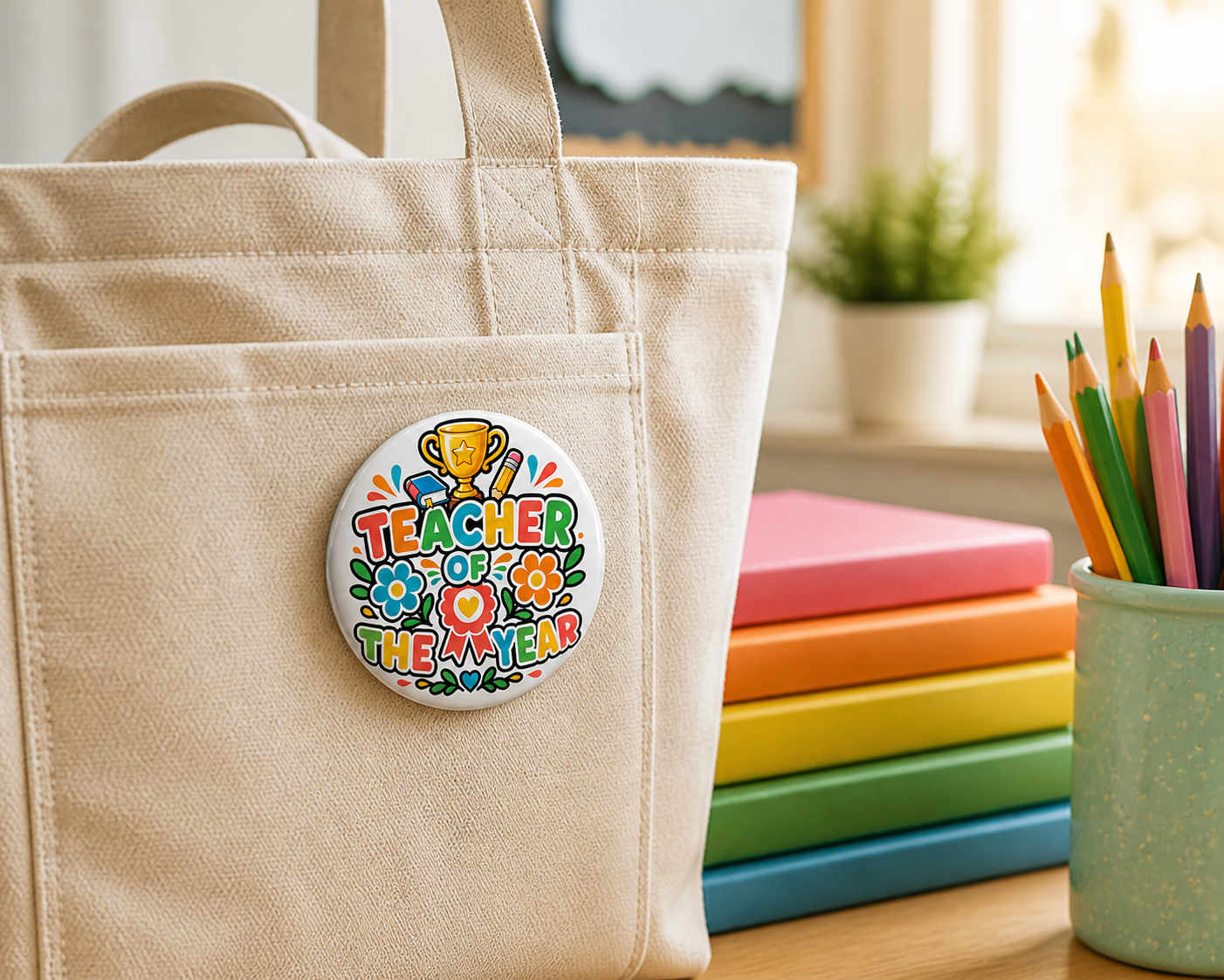Teacher of the Year Button Pin, Teacher Appreciation Gift, 3 Inch Teacher Award Pin